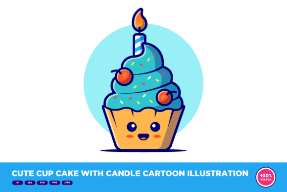 Cute Cup Cake with Candle Cartoon: Graphics & Illustrations
